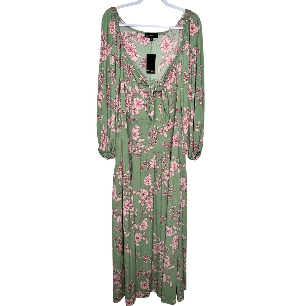 Eloquii Tie Front Maxi Dress Size 18 Green Floral Pink Balloon Sleeve Slit New
